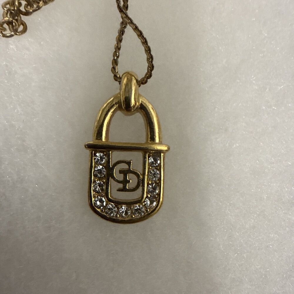Christian Dior CD Logo Gold Pendant Necklace Top Rhinestone Vintage